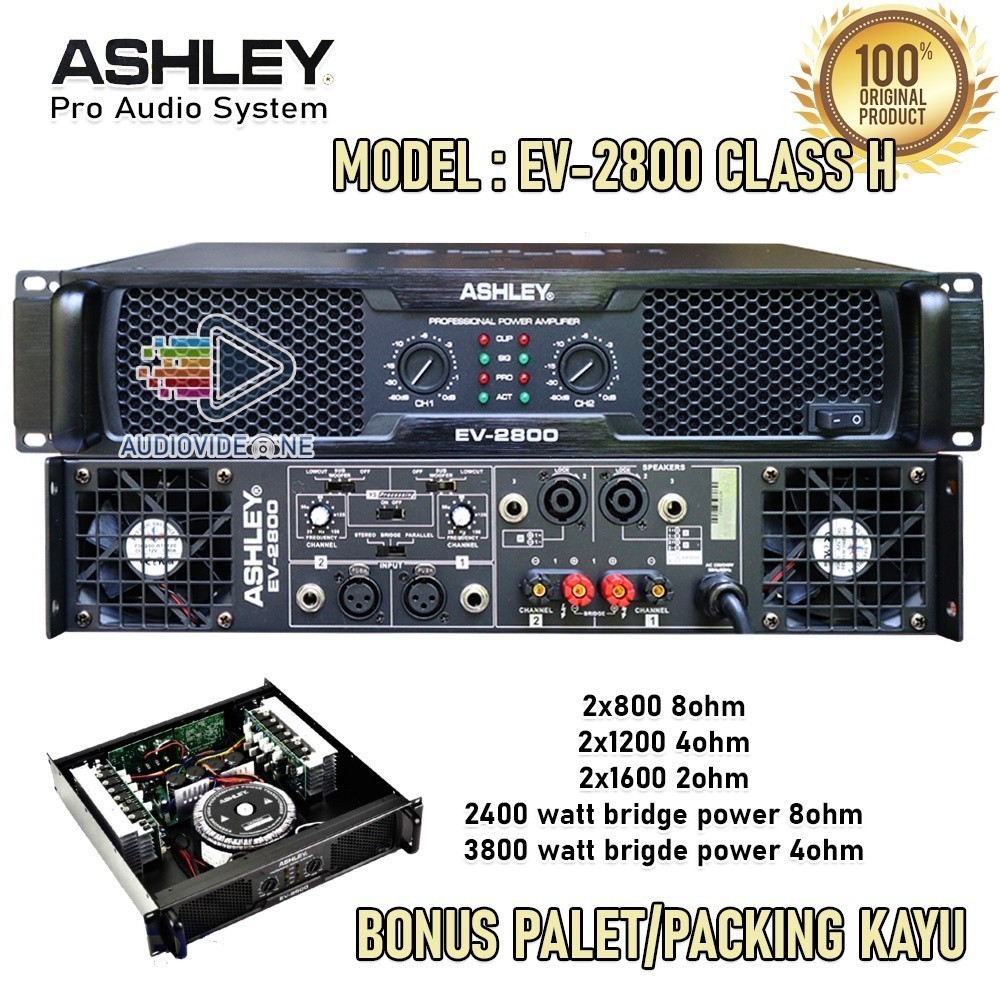 Power Ashley EV2800 Plus Subwoofer Power Amplifier Class H 2 x 800 Watt Bonus Packing Kayu