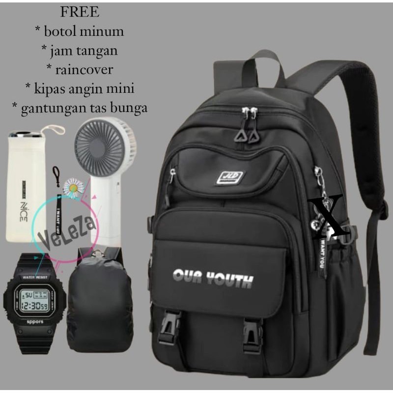 

[PROMO MURAH] Tas Sekolah Ransel Anak Perempuan Remaja SD SMP model our youth gratis botol minum kaca jam tangan raincover kipas angin mini dan gantungan bunga Tas ransel