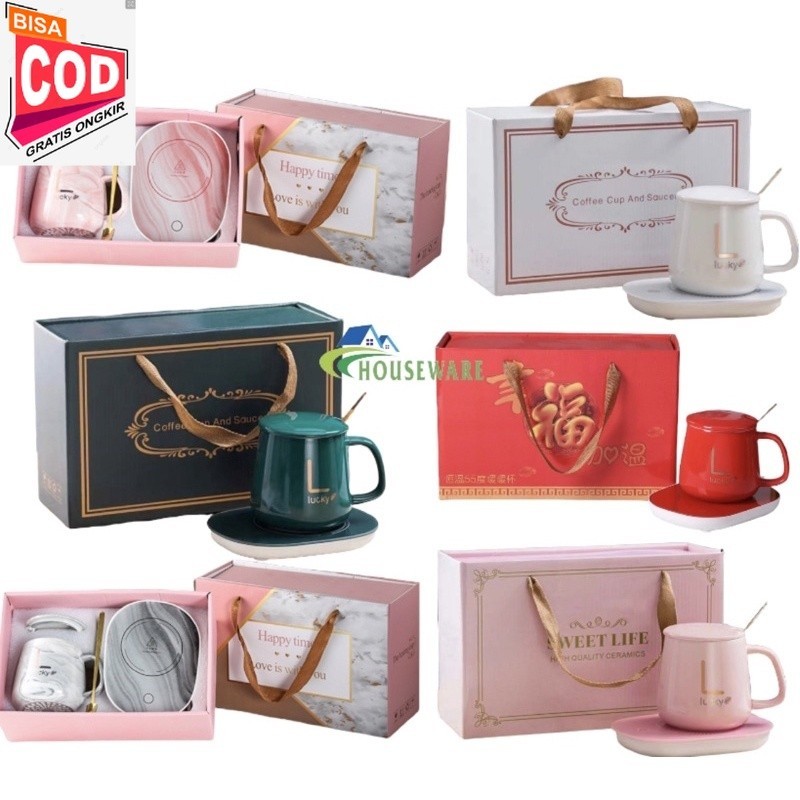HOUSEWARE - GELAS SET KERAMIK LENGKAP DENGAN ALAT PEMANAS CANGKIR 55 DERAJAT PENGHANGAT KOPI AND TEH