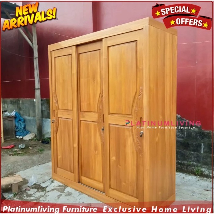 Lemari Pakaian Minimalis 3 Pintu Sliding Kayu Jati  Jepara