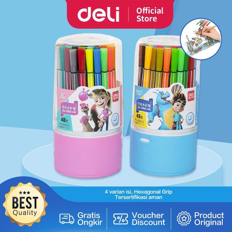 

Deli Hexagonal Watercolor Marker Pen Spidol Warna 24/36/48 Warna 7060