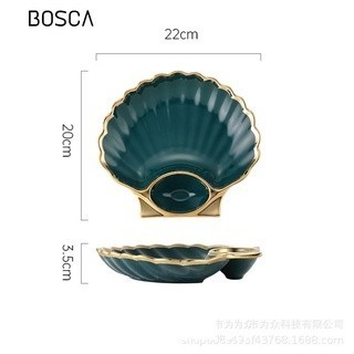 ✨LARIS✨ -Piring Keramik Motif Kerang / Piring Korea Design Kerang - Hijau Gold