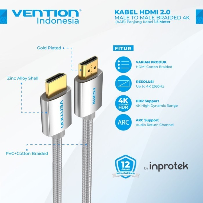 Kabel Hdmi Vention High Speed Cotton Braided HDMI v.2.0/b 4K - 1.5 Meter