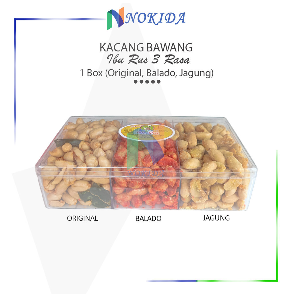 

Nokida Kacang Bawang Ibu Rus [Toples 3 Sekat/500gr] / Kacang Goreng Daun Jeruk Cemilan Gurih Asin Manis 3 Rasa Original Jagung Balado