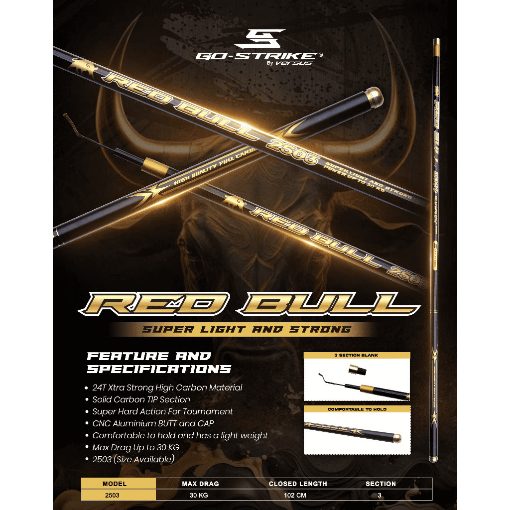 TEGEK SUPER KUAT RUAS TIGA PANJANG 2.5 METER 250 VERSUS GO-STRIKE RED BULL FISHING ROD POLE