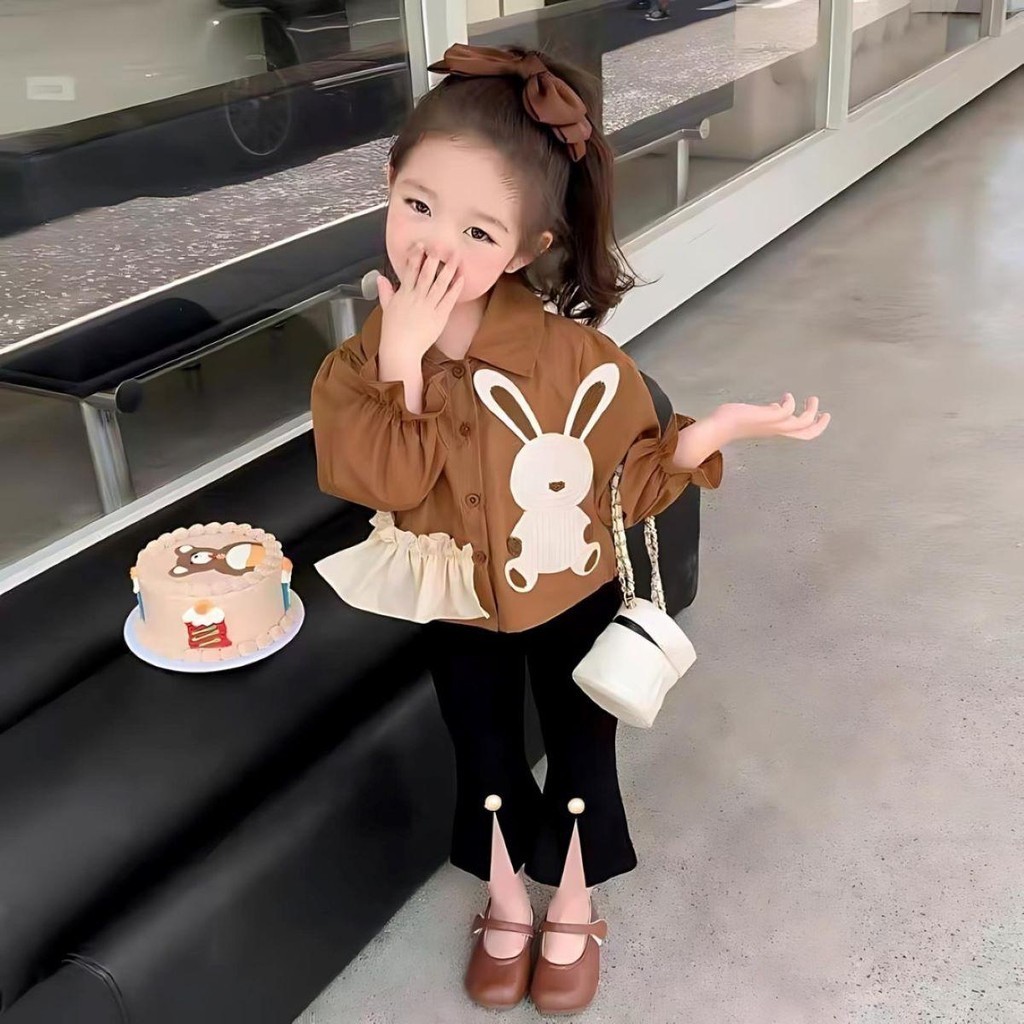 Setelan Anak Perempuan Motif Kelinci Bordir Bahan Voxy Lembut Gaya Korea