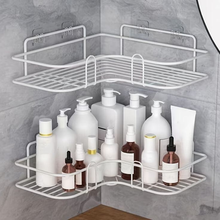 Rak Sudut Dinding Kamar Mandi + Perekat Dinding, Rak Dinding Dapur Serbaguna, Rak Kosmetik L Besi Ta