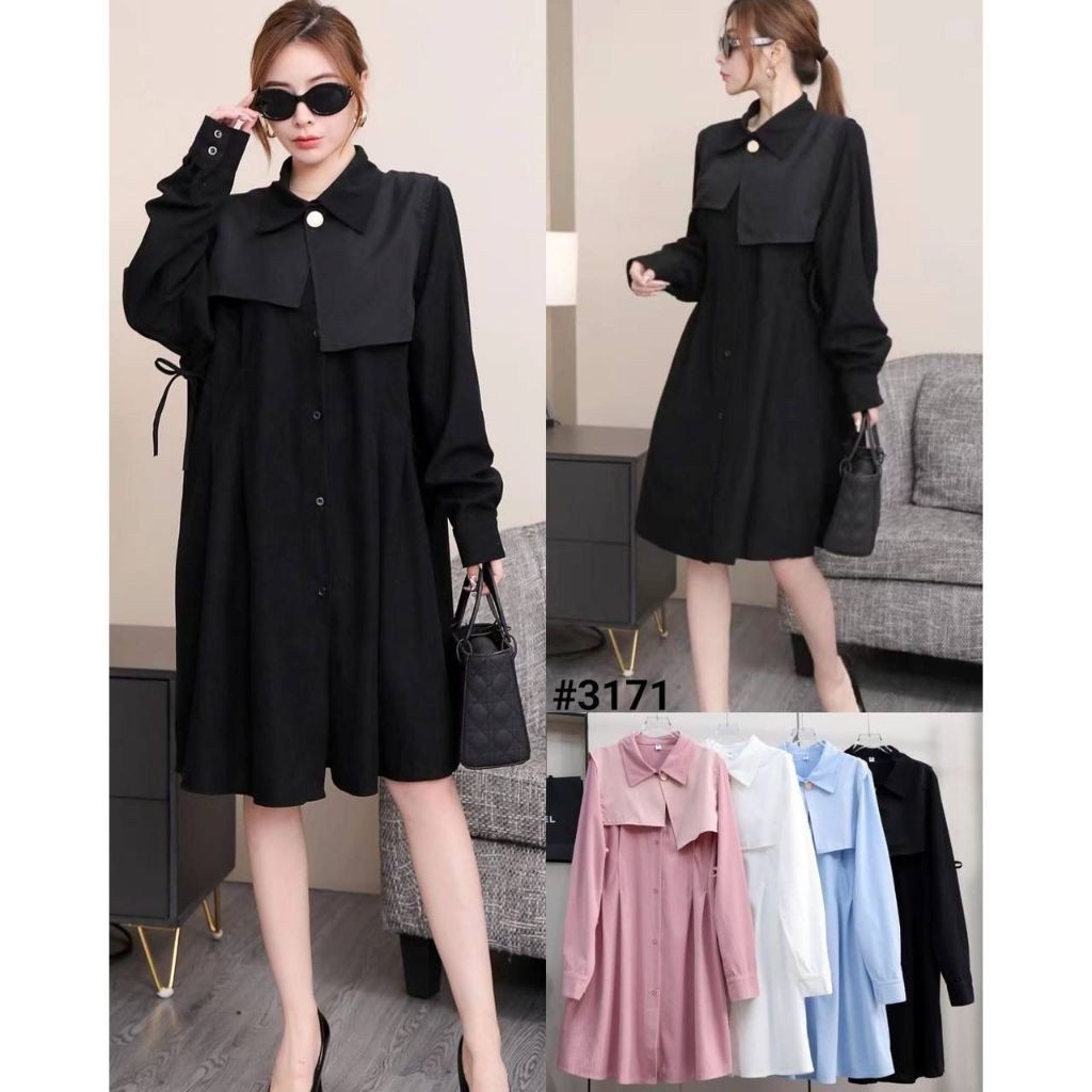 DRESS 2IN1 SILK POLOS PINGGANG JAHIT KANAN KIRI LENGAN PANJANG MIX VEST SILK POLOS TANPA LENGAN SATU