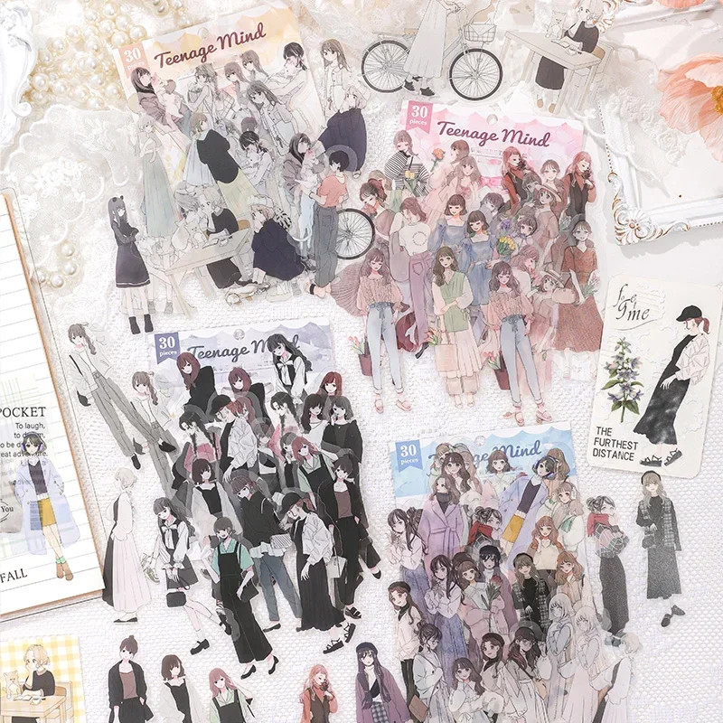 

30pcs/pack PET Girl Stickers Collage Materials DIY Scrapbooking Supplies Decor Diary Aesthetics Waterproof Sticker