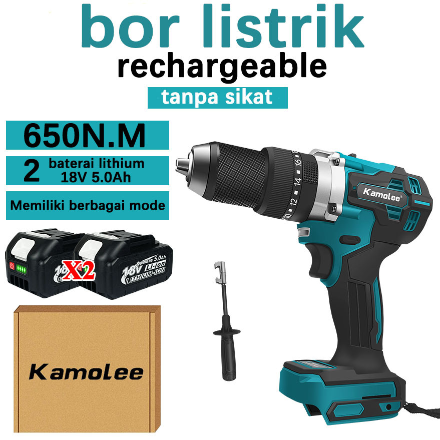 Kamolee Torsi Tinggi 650N.M Brushless Impact Drill Kit untuk Furnitur, Pengeboran, Kayu, Beton (Komp