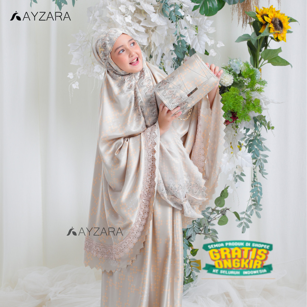Ayzara - Mukena Anak Zamora Silk Tas Premium Motif/ sage hijau tosca