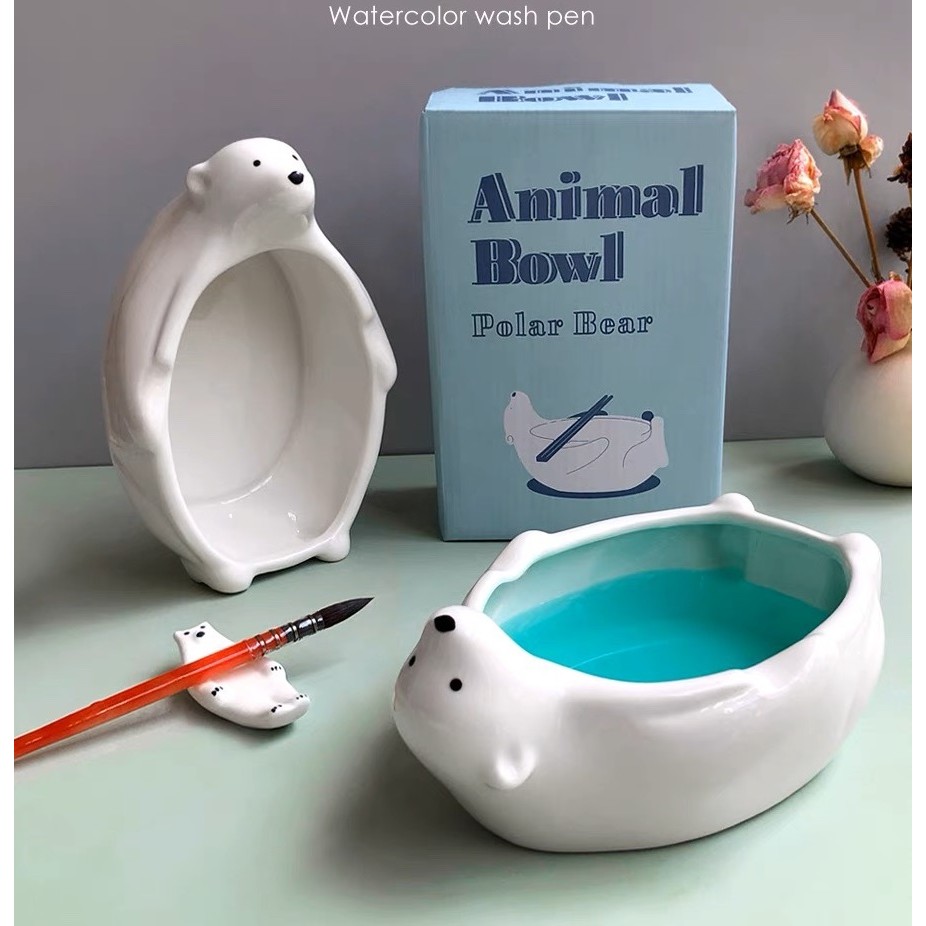 

Jingdezhen white porcelain polar bear wash pen holder watercolor art ceramic Japanese salad bowl cute