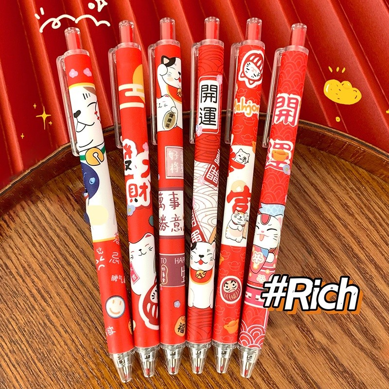 

6pcs Pulpen Gel Tinta Hitam 0.5mm Model Kucing Keberuntungan