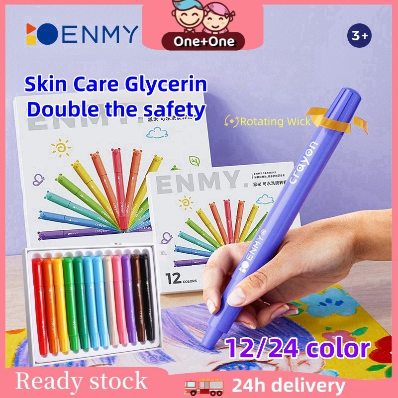 

（In stock）Washable Silky Crayon 12 / 24 Warna Colorful Boxed Krayon Mewarnai Alat Warna Set Anak Wipe and Clean