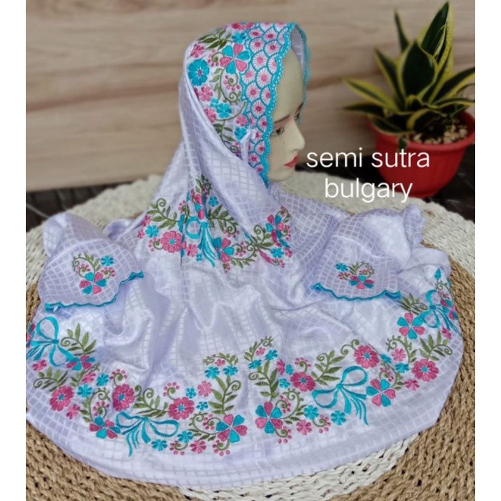 gr43wf Mukena Mukenah Terusan/Lajuran Putih Polos Dewasa Bordir Semi Sutra Jumbo