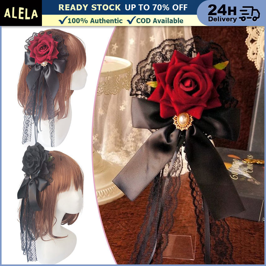 Rose Lace Hair Clip Jepitan Hiasan Rambut Wanita Cosplay Lolita Gothic Bunga Mawar Cantik Besar Mera