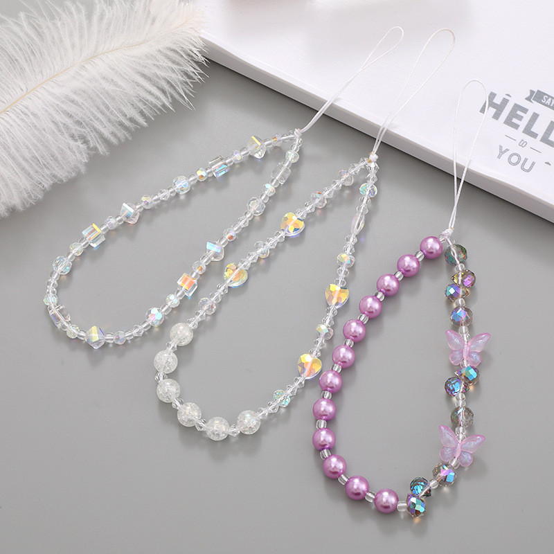 

Trendy Butterfly Charm Wristband Cellphone Case Rope Bohemia Colored Crystal Bow Love Bead Phone Chain Lanyard Jewelry for Women