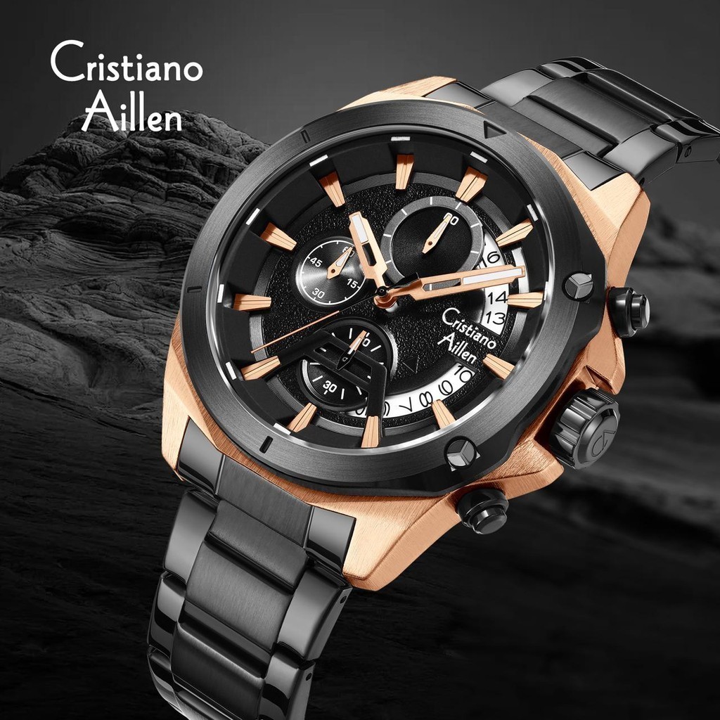Cristiano Aillen Jam Tangan Pria Analog 8896 Rantai Stainless Steel Chronograph Kaca Sapphire Water 