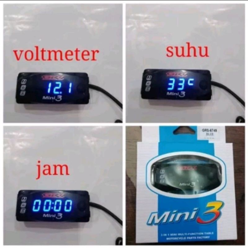 VOLTMETER AKI PENGUKUR DAYA AKI MINI 3 IN 1 PLUS SUHU PANAS DAN JAM DIGITAL DI MOTOR BEAT VARIO MIO