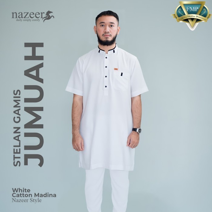 Koko MurMer_ Setelan Baju Celana Koko Set Gamis Pria Lengan Pendek Jumuah Nazeer - Putih, L