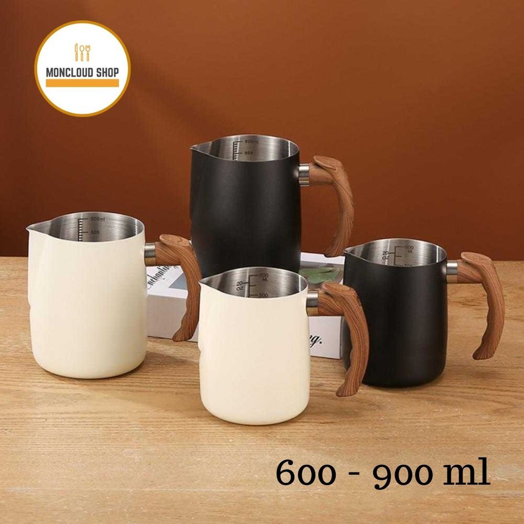 Milk Jug Latte Art Pitcher Gelas Takar Susu Kopi Espresso Stainless Satuan Ukur Scale Gagang Kayu - 
