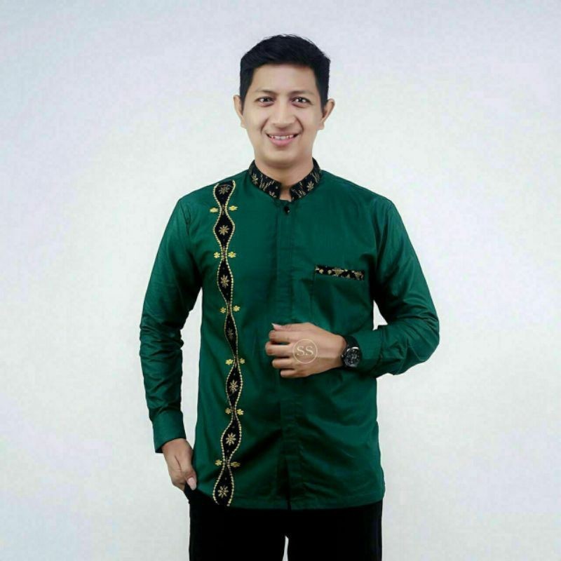 baju koko atasan muslim pria warna hijau botol batik veldanava pekalongan Promo Idul Adha