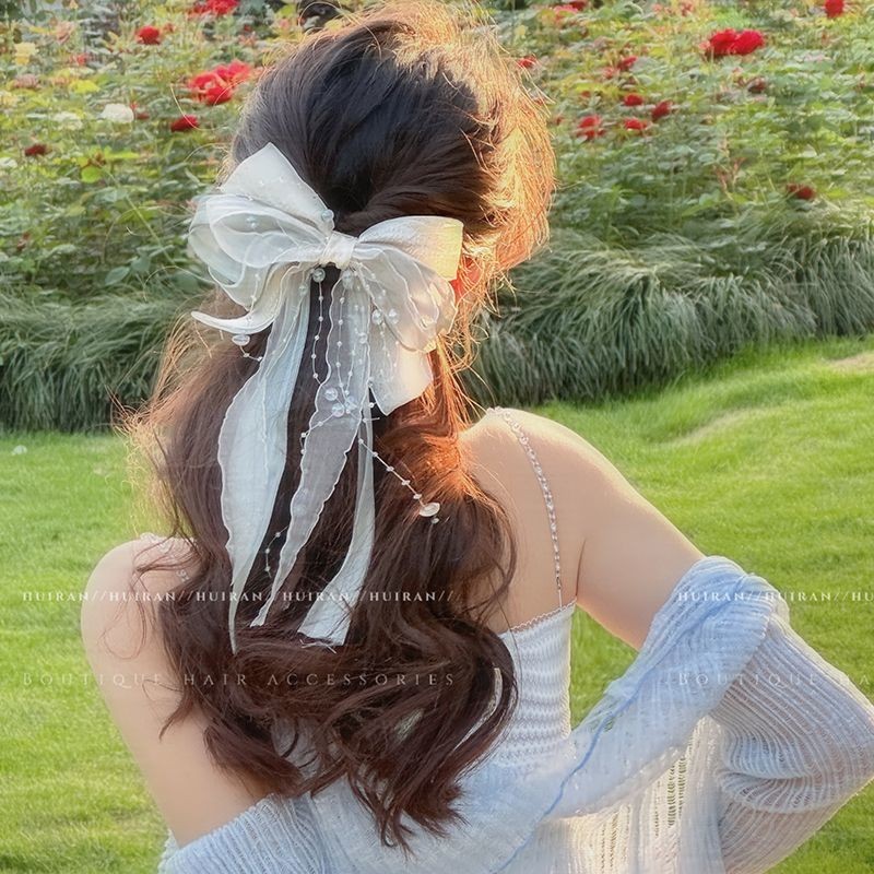Hot selling Korean new super fairy ribbon pearl bow hair clip princess long ribbon