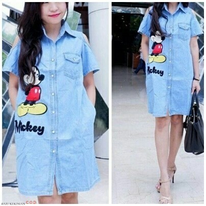 Baju Dress mickey sabrina RO Dress Wanita denim biru muda Kekinian