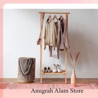 PROMO RAK BAJU STAND HANGER KAYU SOLID FINISHING NATURAL