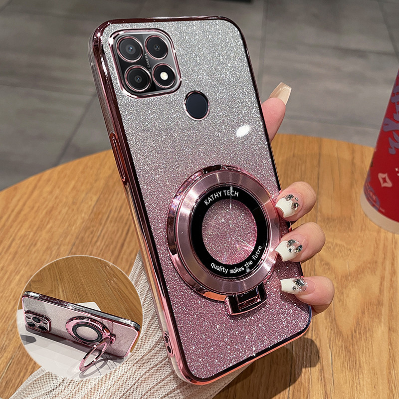 Penutup Belakang OPPO A15s A15 dengan Stand Holder Pelapisan Gradien Mewah Mengkilap Glitter Girls C
