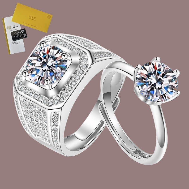 Termasuk Sertifikat GRA Cincin Pasangan S925 Perak Moissanite Ring Pernikahan 2 Karat Cincin Pria