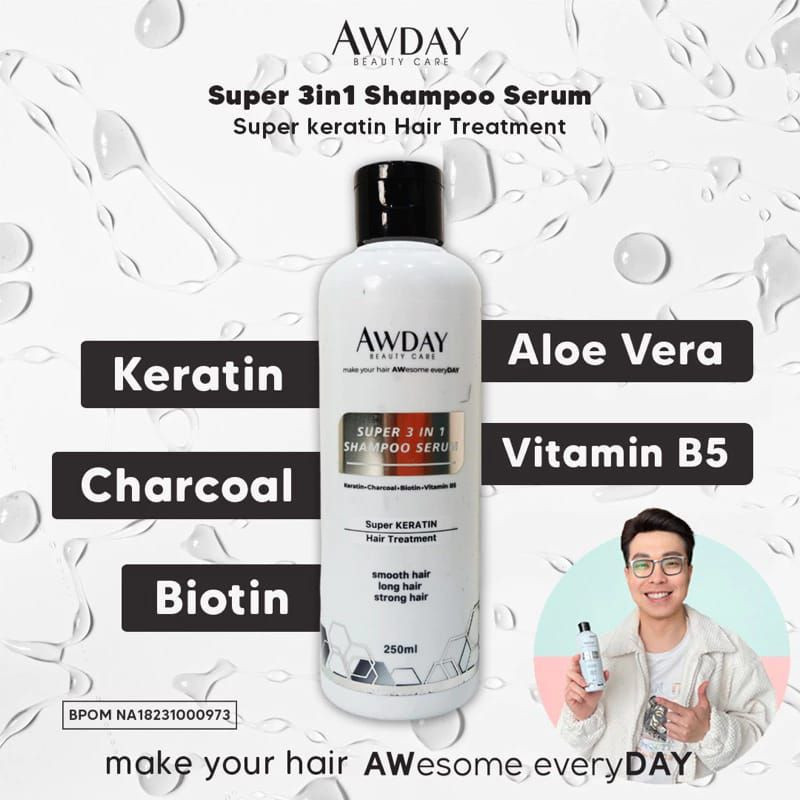 Awday SUPER KERATIN 3in1 shampoo serum 250ml Sampo Penumbuh Rambut Botak Rusak dan Rontok