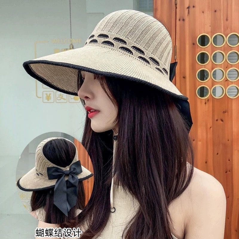 FH Topi Pantai Bulat Jerami Rajut Wanita Aksen Bunga Pita/topi pantai wanita kekinian/Topi Musim Pan