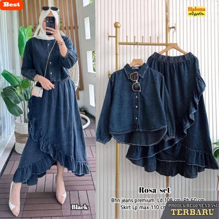 rok wanita kekinian Baju Setelan Wanita Muslim Rosa Set Rok Jeans Remaja Modern Terbaru - Black