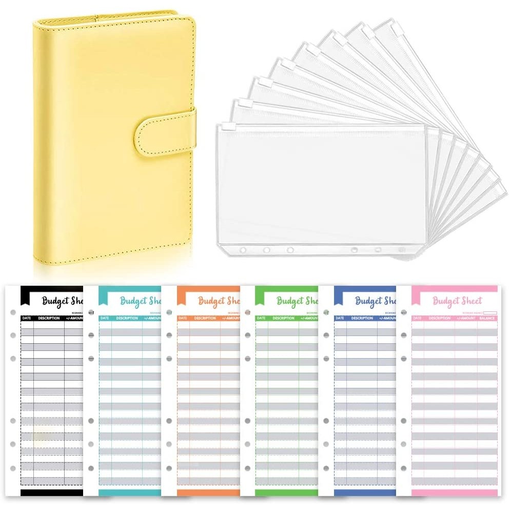 

21Pcs A6 PU 6 Rings Refillable Notebook Cover with 8Pcs PVC Zipper Envelopes Pockets and 12Pcs Budget Sheets for Bill Planner