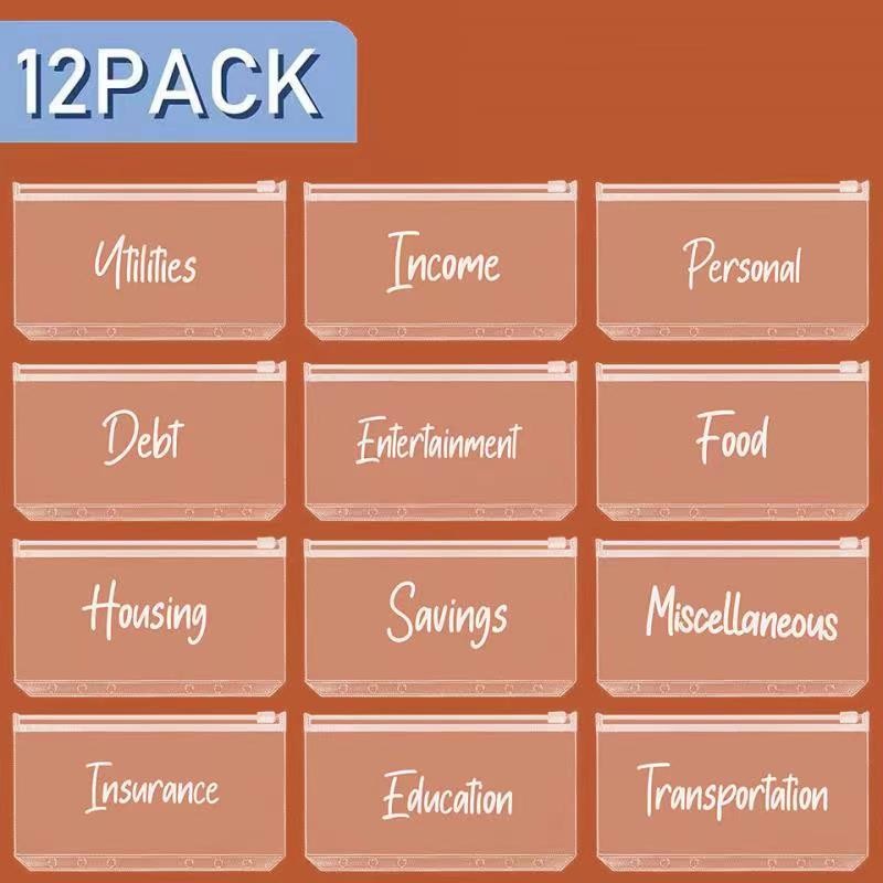 

12 Pieces Categories Binder Pockets A6 Size 6 Holes Binder Cash Envelopes Zipper Folders PVC Loose Leaf Bags for Bill Planner