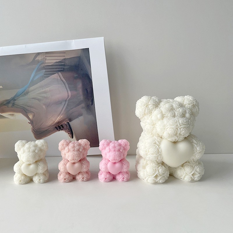 

Valentine's Day Love Rose Bear 3D Candle Silicone Mold DIY Bears Handmade Plaster Soap Aromatherapy Candle Mold Decor Crafts