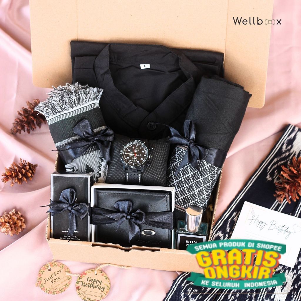 GIFT BOX COWOK MUSLIM HAMPERS BOX SARUNG SAJADAH KOKO JAM TANGAN DOMPET PARFFUM PREMIUM MURAH/ COD l