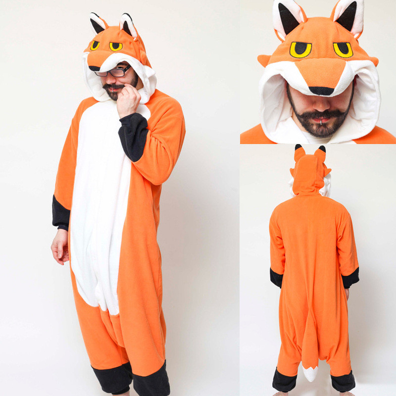 Animal Fox Kigurumis Flannel Adult Women Men Warm Cute Funny Fox Onesie Pajamas Winter Party Jumpsui