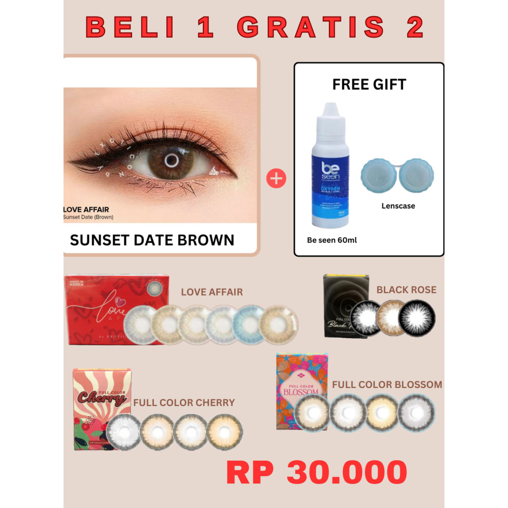 BELI 1 GRATIS 2 Paket Softlens Full color Cherry Blossom Black Rose Love Affair Normal & Minus / MC