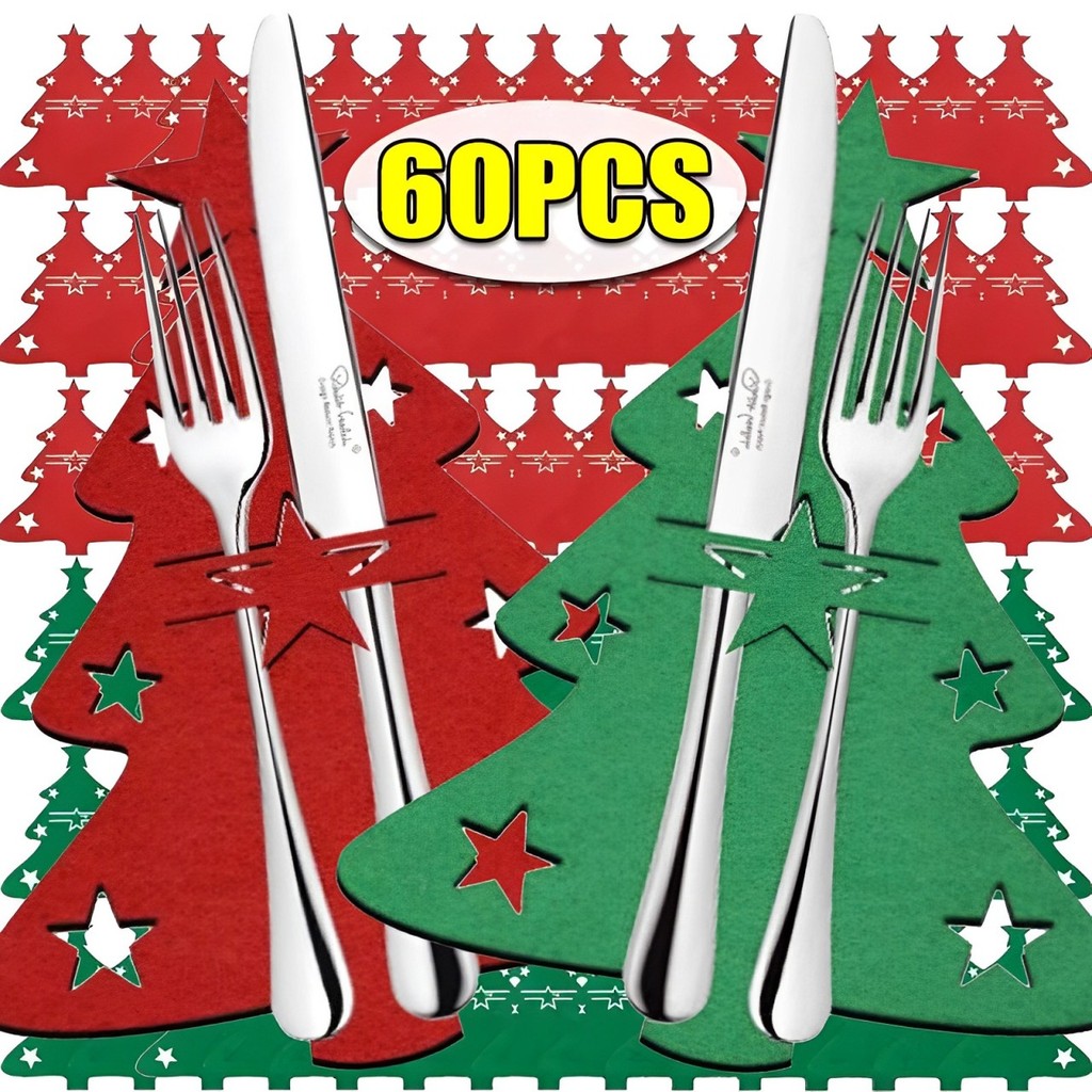 

60/2PCS Christmas Cutlery Holders Xmas Tree Tableware Pocket Bag Knife Fork Spoon Organizer Xmas New Year Party Table Decoration
