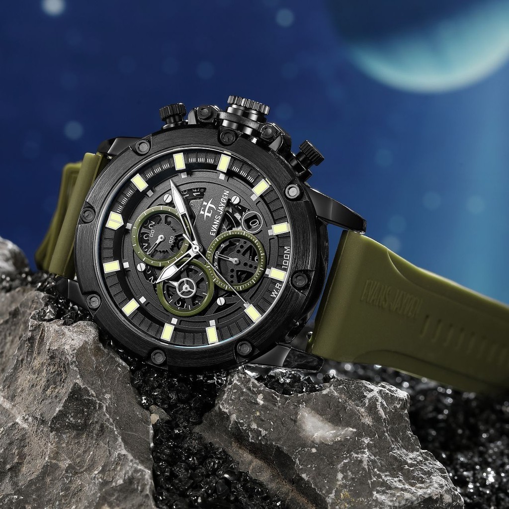 E Jayden Jam Tangan Pria 9570 Rubber Silicon Chrono Kaca Safir 10 ATM
