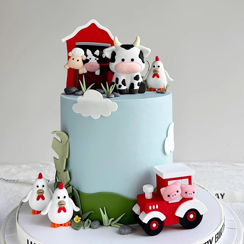

New Farm Themed Cake Toppers Kids First Birthday Party Cake Decorations Baby Shower Cow Ornament Tractor Chicken Birthday Insert