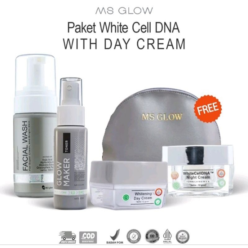 Paket White Cell Dna Ms Glow Original 100% Free Pouch/Sepaket Skincare Bpom Msglow Whitecell Mencera