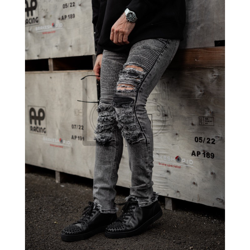LOD.DENIM - Celana Panjang Jeans Biker Ripped Denim NANOGREY
