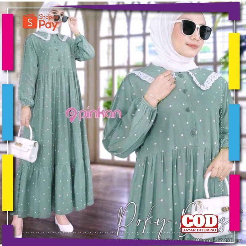 BAHAN ADEM HALUS TEBAL // (BIGSALE) GAMIS MIDI MOTIF POLKADOT / MIDI DRESS POLKADOT / DRESS TERMURAH