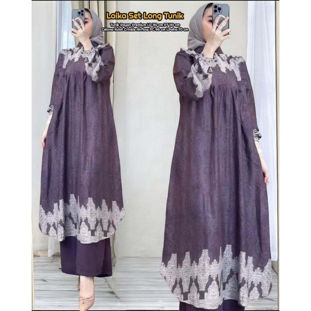 Laika Set Long Tunik Setelan Wanita Long Tunik Rayon Premium One Set Wanita Kekinian Celana Kulot