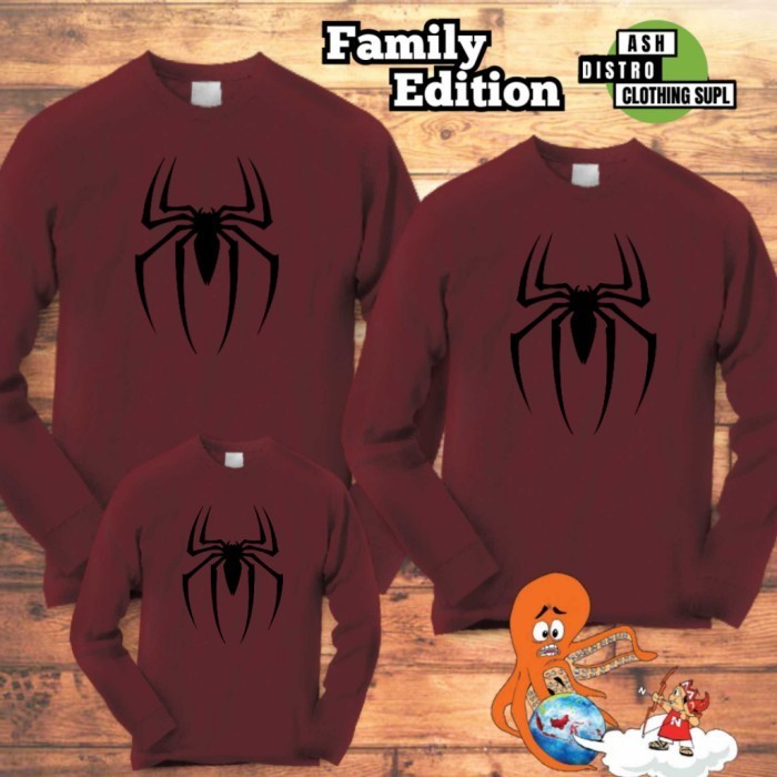 Kaos Spiderman Couple lengan panjang ibu ayah anak / combed 30s - Merah, Anak Size S