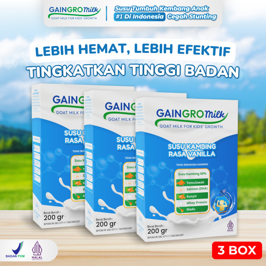 

TRIPLE BOX GAINGRO MILK VANILLA Susu Kambing Penambah Tinggi Badan Anak GainGro Milk Shop