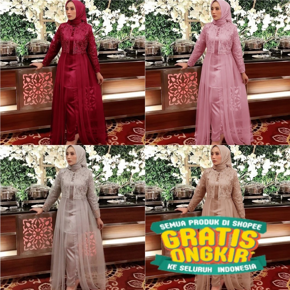 Setelan Kebaya Tunik Brukat Set Celana Tunic Wanita Brokat Kondangan/ Menyala